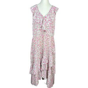 Eloquil Women's Pink Ruffled Floral Blouson Crepe Asymmetric MIDI Dress 16/C44